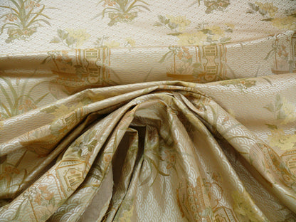 By Yard High End 100% silk Jacquard Lampas Chinoisery Gold Peony Basket Vase Creamy "goldspun"