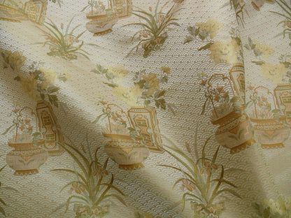 By Yard High End 100% silk Jacquard Lampas Chinoisery Gold Peony Basket Vase Creamy "goldspun"