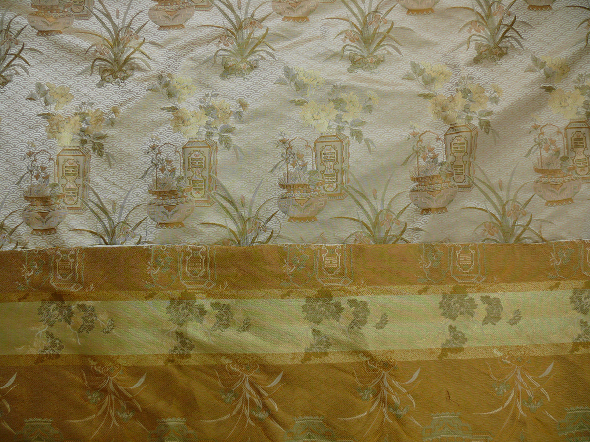 By Yard High End 100% silk Jacquard Lampas Chinoisery Gold Peony Basket Vase Creamy "goldspun"