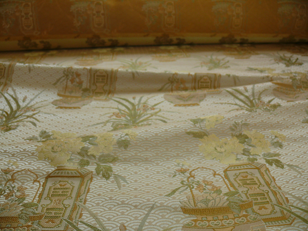 By Yard High End 100% silk Jacquard Lampas Chinoisery Gold Peony Basket Vase Creamy "goldspun"