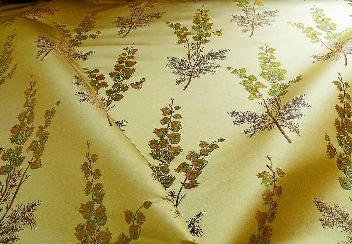 By Yard Schumacher 100% Silk Lampas Bell Flower "pine" Green Gold