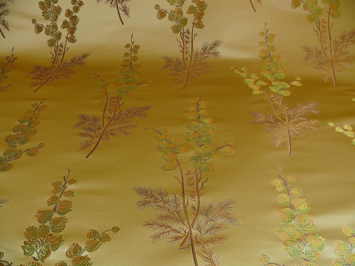 By Yard Schumacher 100% Silk Lampas Bell Flower "pine" Green Gold