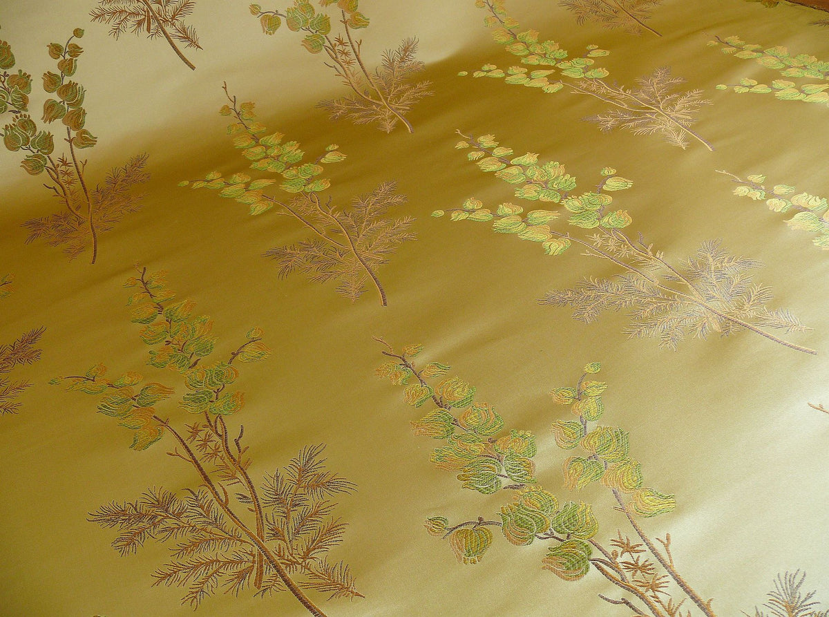 By Yard Schumacher 100% Silk Lampas Bell Flower "pine" Green Gold