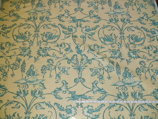 Lee Jofa dambura Print Monkey Griffin Shalima Turquoise Blue Green On Cream Deer Music Toile Cotton Chintz