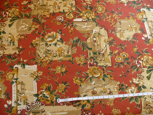 1.25y Lee Jofa Chinois En Medaillons Chinese Scene Lacquer Red Gold Brown MSRP USD176/Y