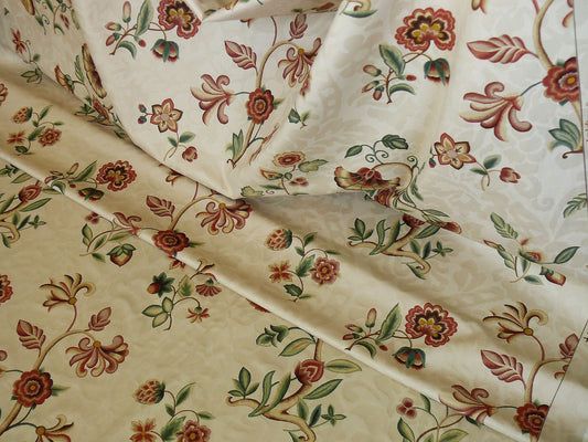 Lee Jofa Sherborne Historical Cotton Satin Print Fr Italy Red Brick Rust Green Sage on Beige Floral Fauna MSRP USD 250/Y