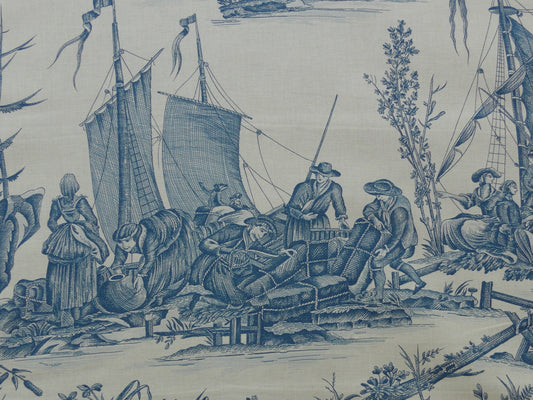 Scalamandre Marine Toile de Jouy Chintz Cotton Ships Sea Voyage Fishing Village Print Blue On Cream MSRP USD 228/Y