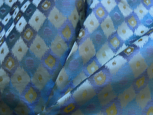 High End 100% Silk Lampas "sapphire" Blue Peacock Diamond Chartreuse Green Harlequin