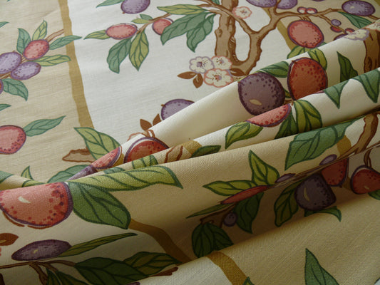 By Yard Brunschwig & Fils "Kumquat Tree" Asian Mandarin Citrus Fruit Tree Pink Purple Green Gold Thick Linen! MSRP USD 305/yard