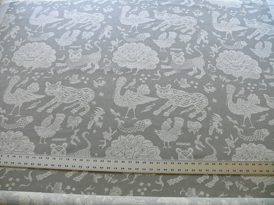 Clarence House Bali Mythical Animals  Linen Print Asian Tiger Peacock Fish Grey White