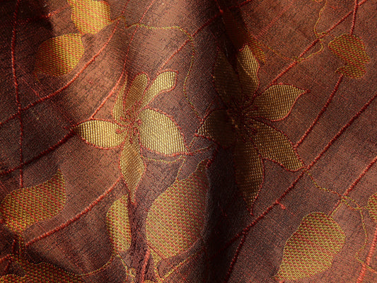 High End 100% Silk Lampas Deco Vine Flower Mexico Copper Brown Red MSRP USD 360/y