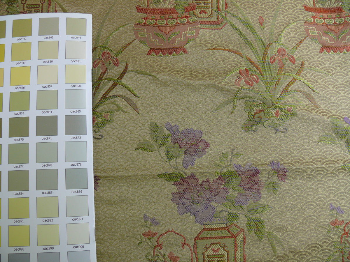 By Yard 100%silk Chinoisery "carnation"gold Peony Basket Vase Green Purple
