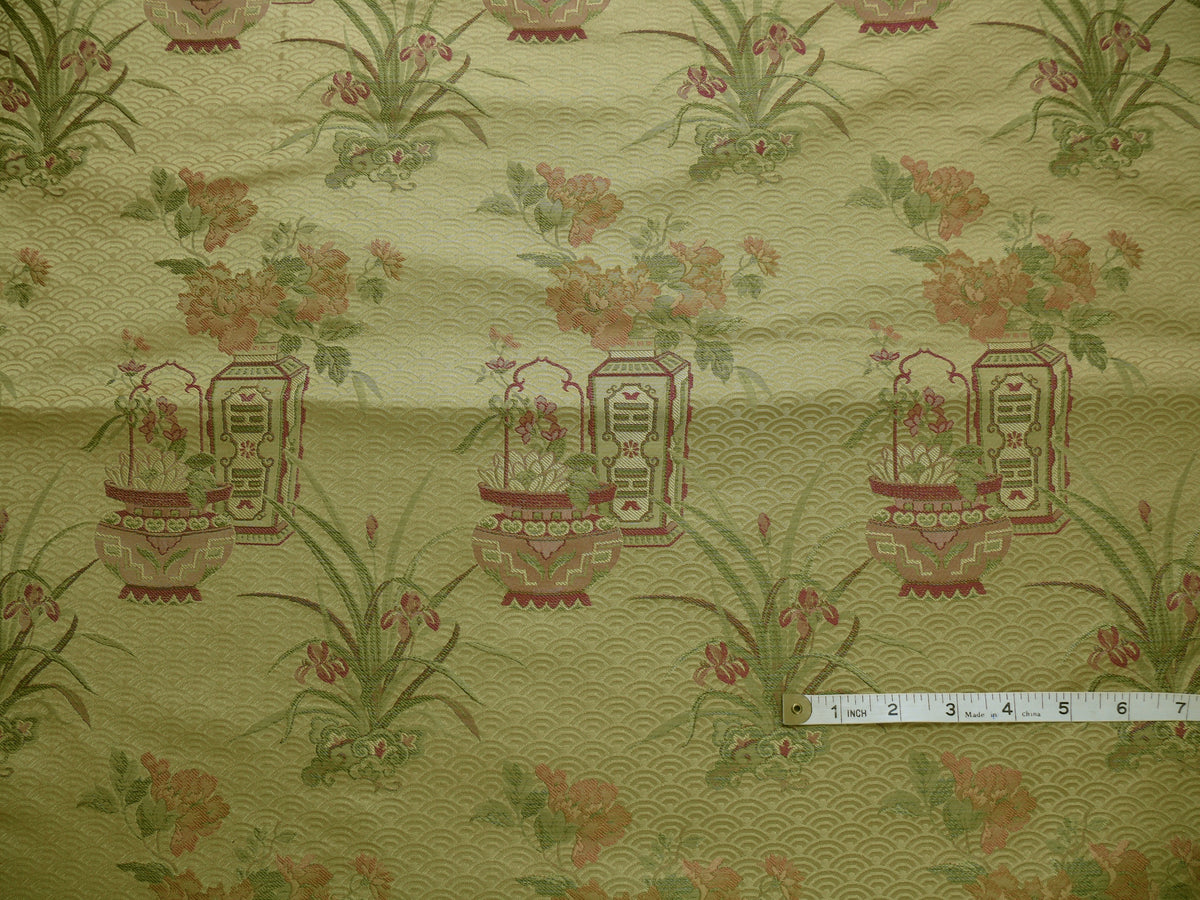 By Yard 100%silk Chinoisery "carnation"gold Peony Basket Vase Green Purple