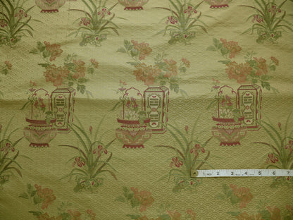 By Yard 100%silk Chinoisery "carnation"gold Peony Basket Vase Green Purple