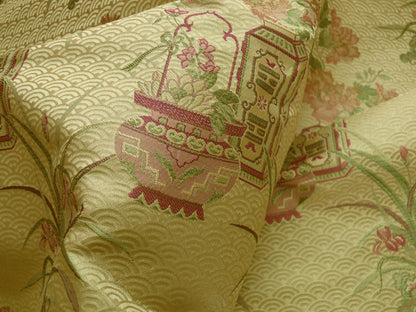 By Yard 100%silk Chinoisery "carnation"gold Peony Basket Vase Green Purple