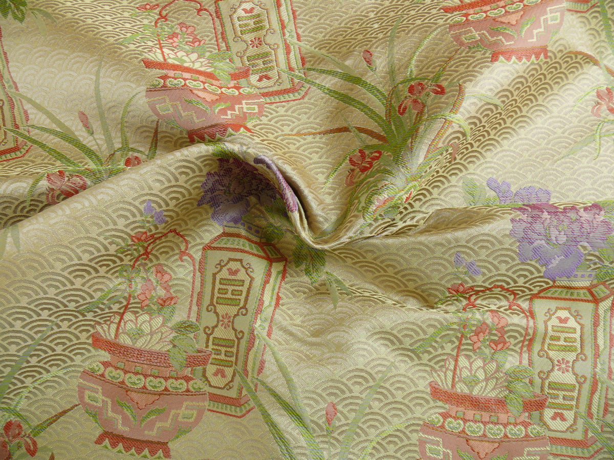 By Yard 100%silk Chinoisery "carnation"gold Peony Basket Vase Green Purple