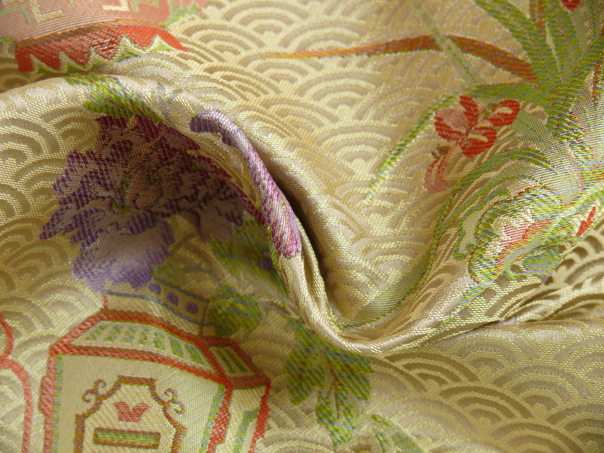 By Yard 100%silk Chinoisery "carnation"gold Peony Basket Vase Green Purple