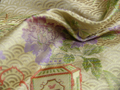 By Yard 100%silk Chinoisery "carnation"gold Peony Basket Vase Green Purple