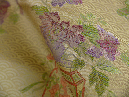 By Yard 100%silk Chinoisery "carnation"gold Peony Basket Vase Green Purple