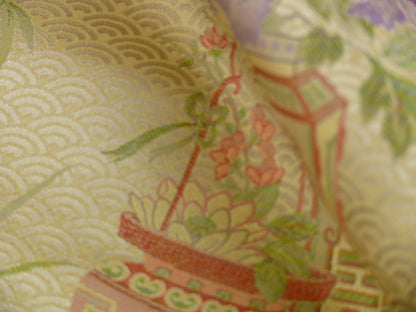 By Yard 100%silk Chinoisery "carnation"gold Peony Basket Vase Green Purple