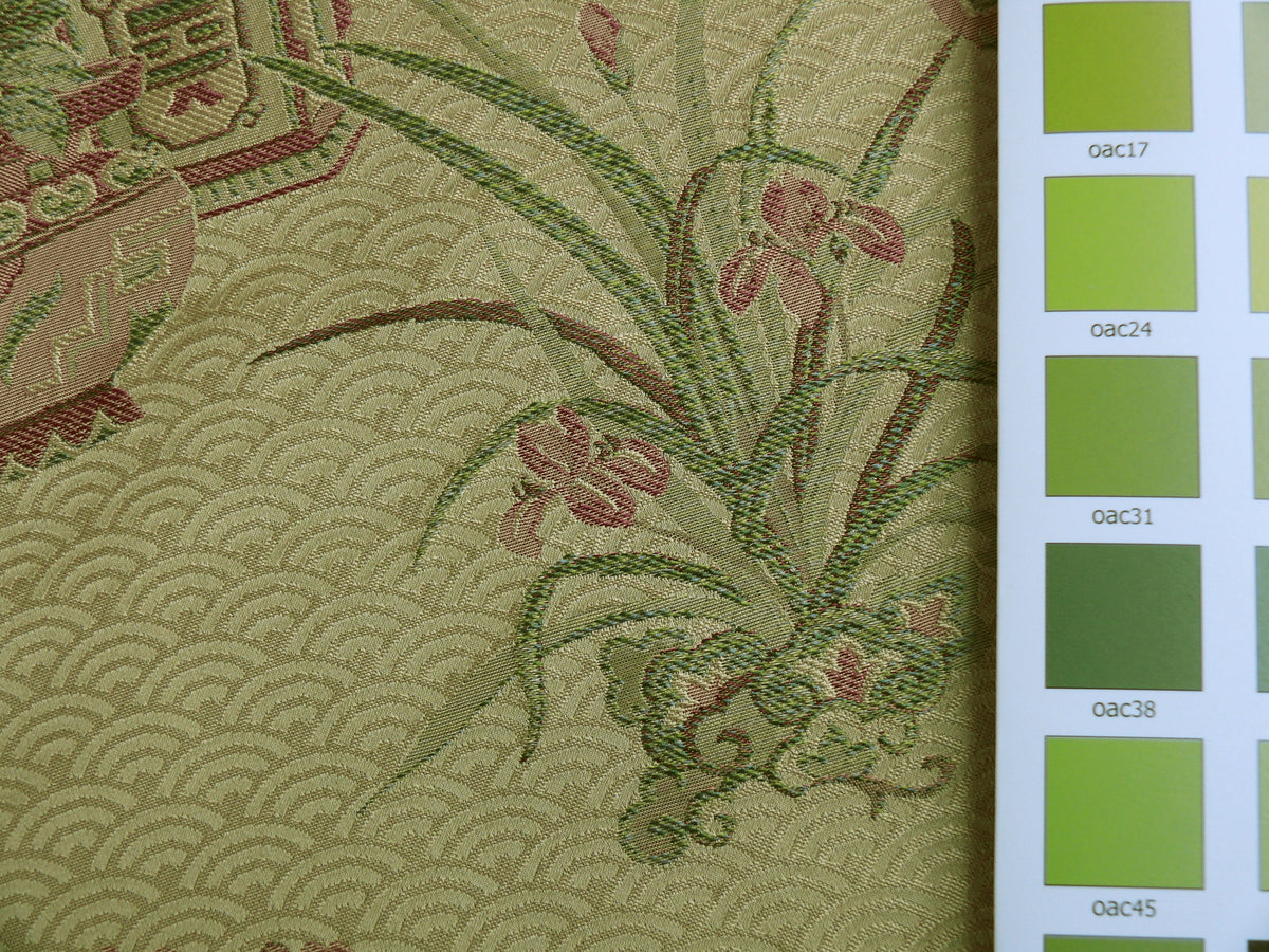 By Yard 100%silk Chinoisery "carnation"gold Peony Basket Vase Green Purple