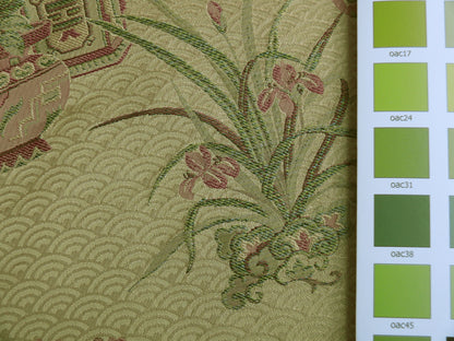 By Yard 100%silk Chinoisery "carnation"gold Peony Basket Vase Green Purple
