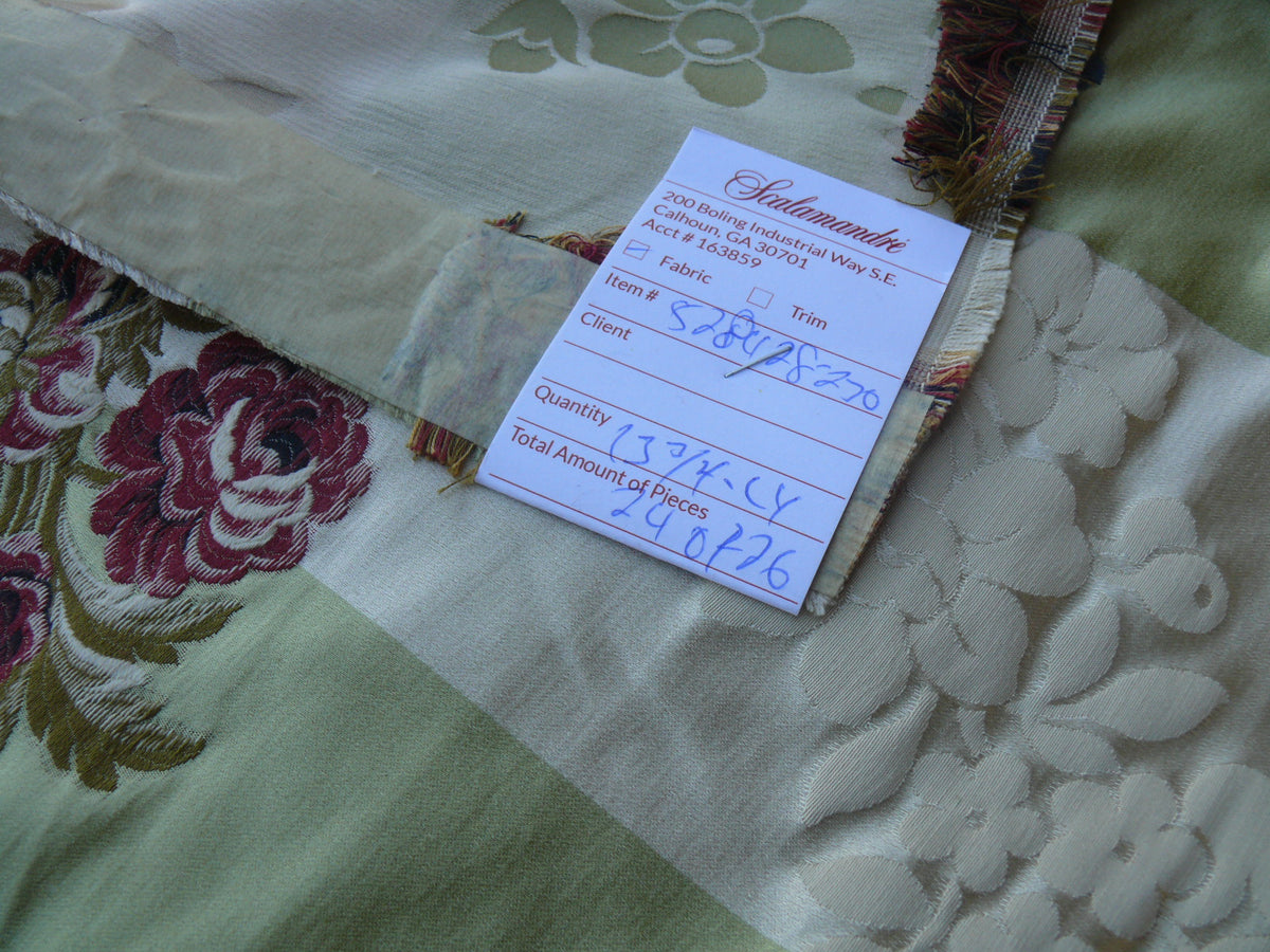 By Yd Old World Weavers Stromboli Italy Silk Lampas Green Red Flower MSRP USD 728/Y