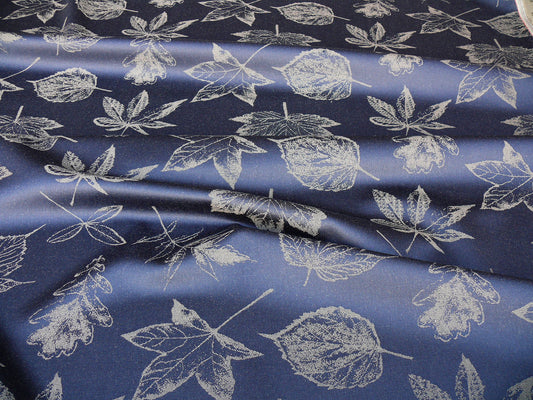 Scalamandre Pressed Leaves Navy Reversible Deep Blue  Wool Satin Damask Maple Elm Oak Foliage - By The Yard - MSRP USD 376/y