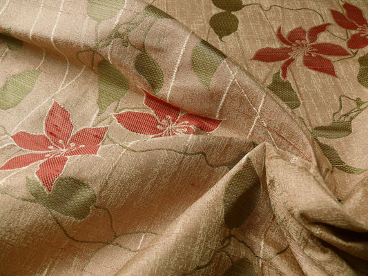 Deco Vine Flower Poppy Lampas Silk - Red Green Beige