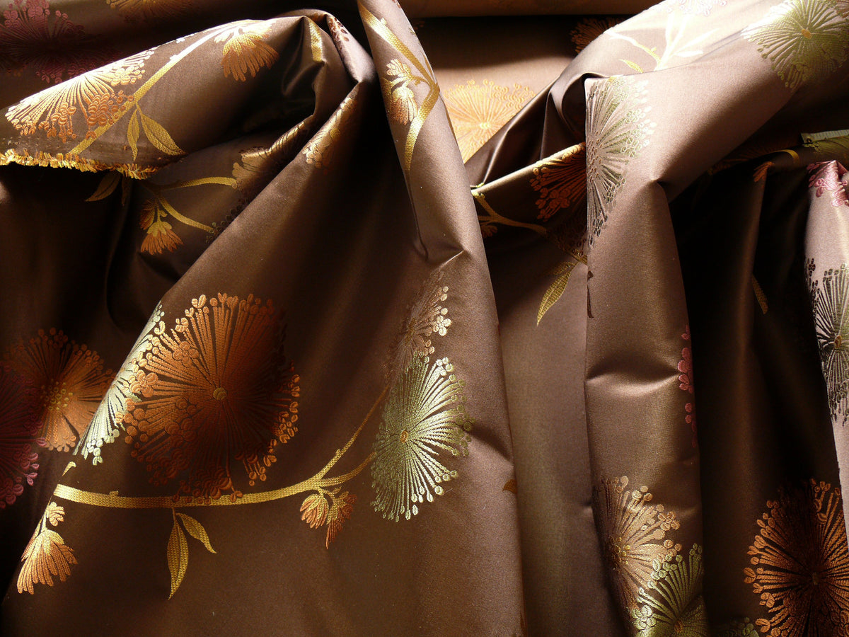 Bty Stunner!100%silk Lampas Satin Mod Branch Tree"tuscany" Brown Green Orange Pink