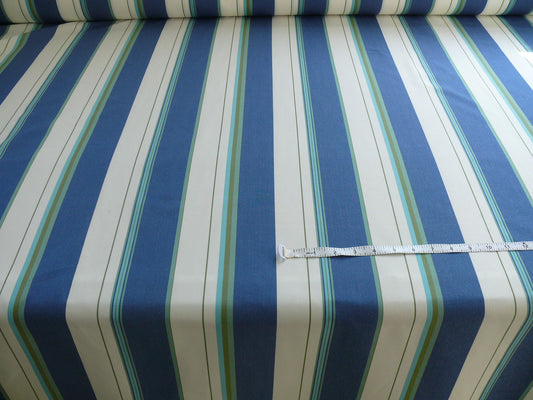 By Yd Designer Blue White Lime Green Woven Stripe Wide Nautical Ticking mid-Century