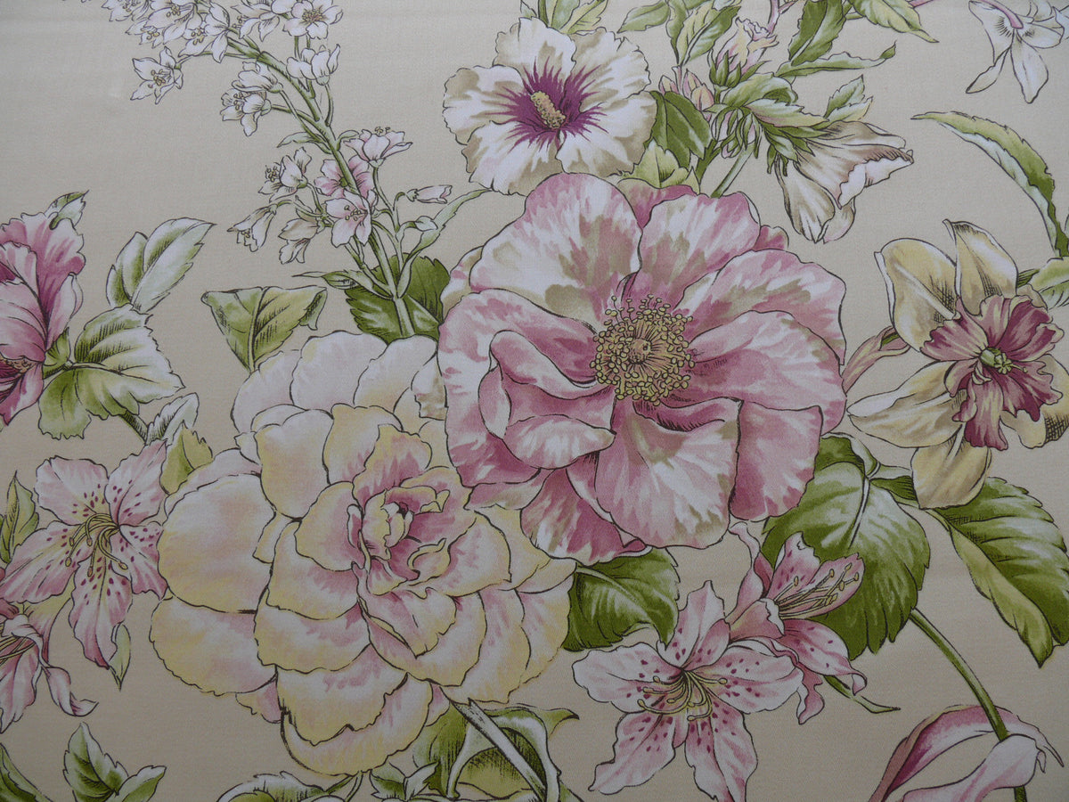 1.2yards Scalamandre La Generosa Rose Hibiscus Lily Flower Cotton Eggshell Pink Green Red Cotton Satin MSRP USD 180/Yard