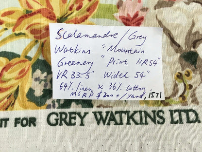 Scalamandre Mountain Greenery Linen Print Icy Green Blue Rhododendron, Lily, Pine & Wild Chrysanthemum MSRP USD 504