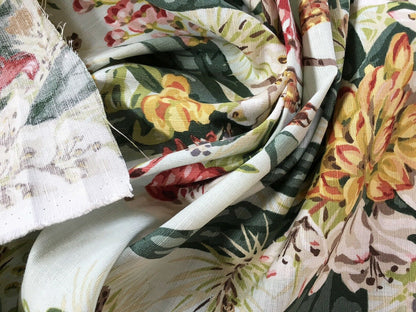 Scalamandre Mountain Greenery Linen Print Icy Green Blue Rhododendron, Lily, Pine & Wild Chrysanthemum MSRP USD 504
