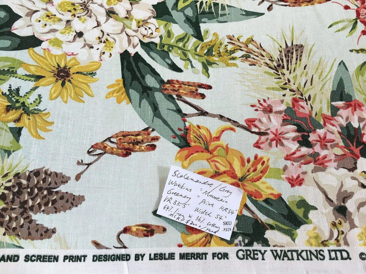 Scalamandre Mountain Greenery Linen Print Icy Green Blue Rhododendron, Lily, Pine & Wild Chrysanthemum MSRP USD 504