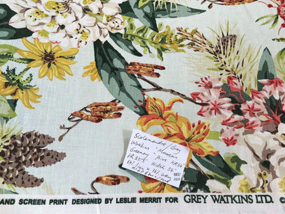 Scalamandre Mountain Greenery Linen Print Icy Green Blue Rhododendron, Lily, Pine & Wild Chrysanthemum MSRP USD 504
