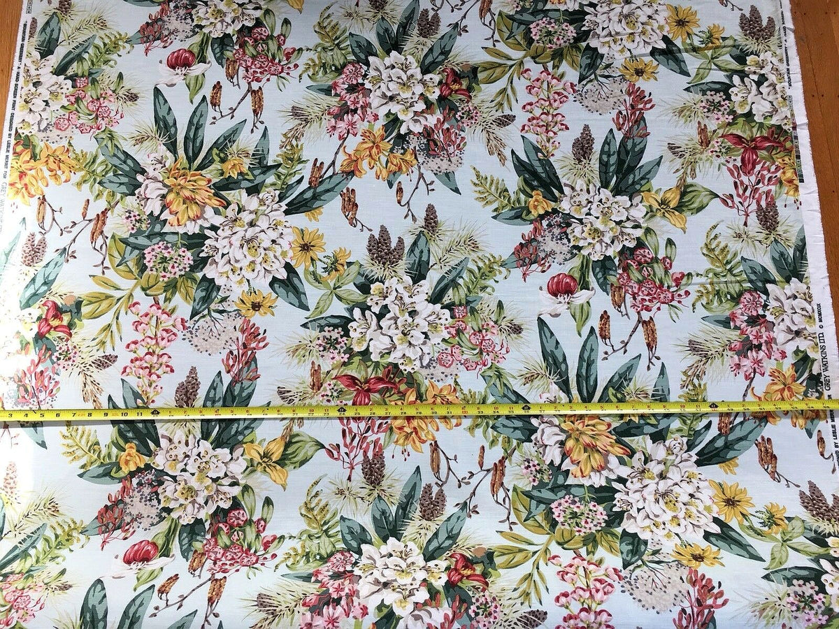 Scalamandre Mountain Greenery Linen Print Icy Green Blue Rhododendron, Lily, Pine & Wild Chrysanthemum MSRP USD 504