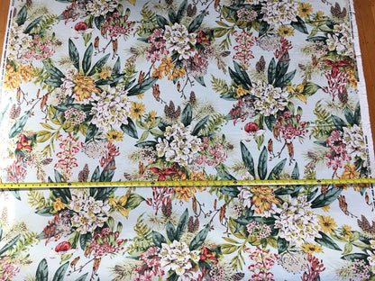 Scalamandre Mountain Greenery Linen Print Icy Green Blue Rhododendron, Lily, Pine & Wild Chrysanthemum MSRP USD 504