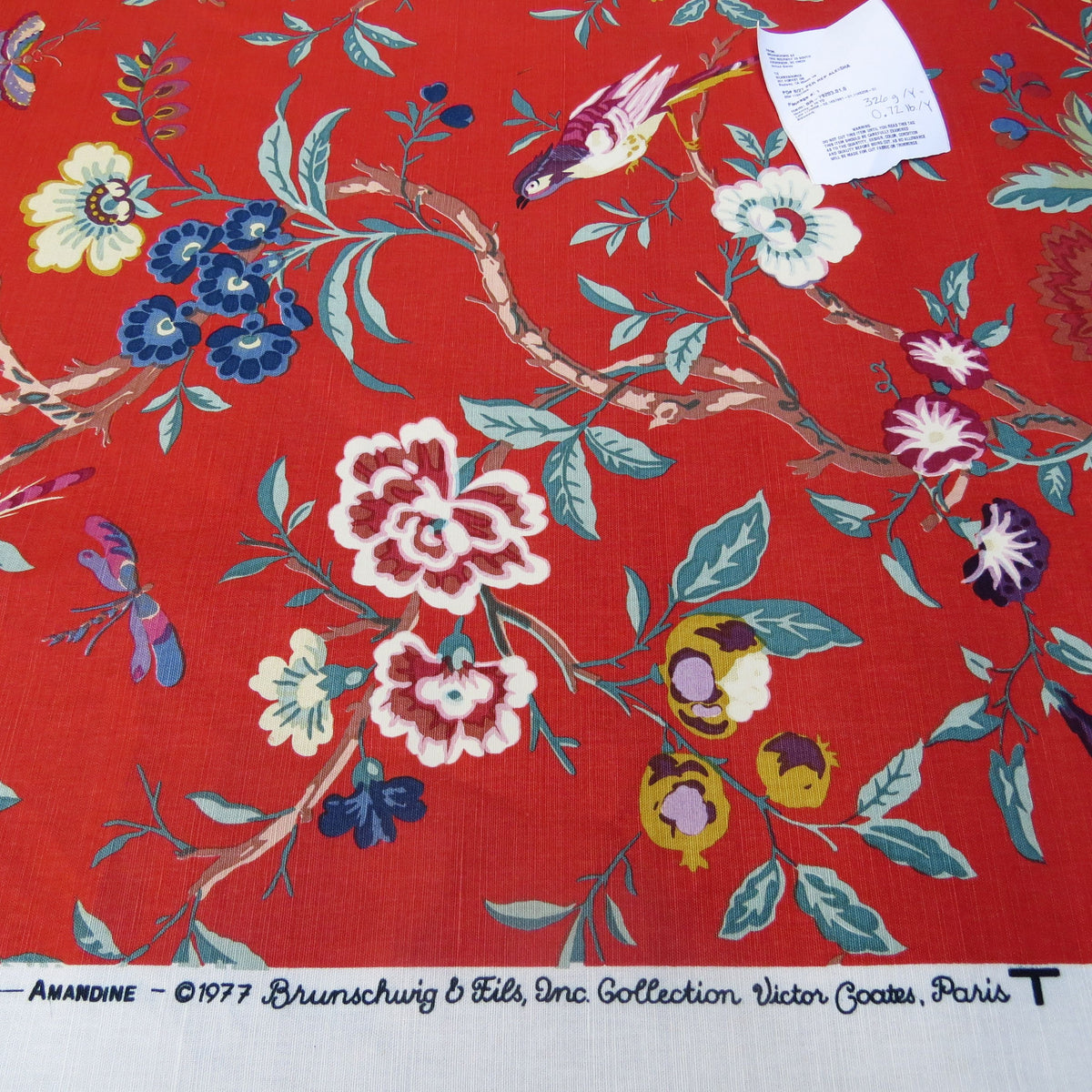 Bty Brunschwig & Fils Amandine Red Chinioserie Bird Flower Tree of Life Print Chintz Cotton Linen