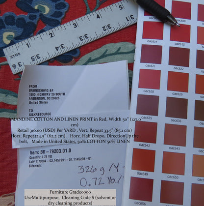 Bty Brunschwig & Fils Amandine Red Chinioserie Bird Flower Tree of Life Print Chintz Cotton Linen