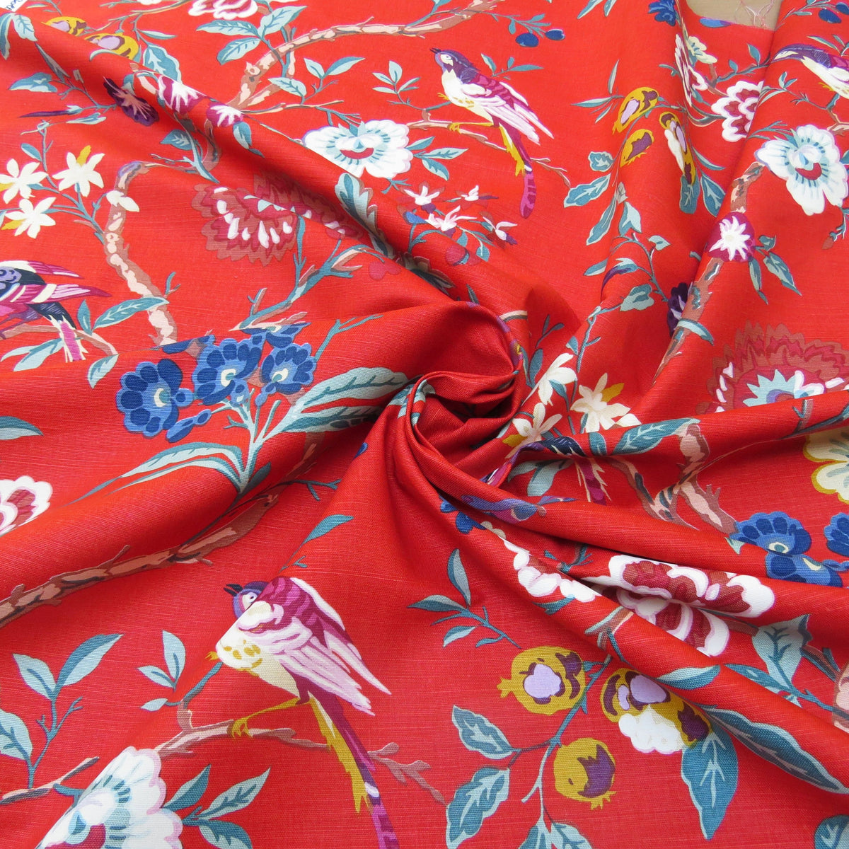 Bty Brunschwig & Fils Amandine Red Chinioserie Bird Flower Tree of Life Print Chintz Cotton Linen