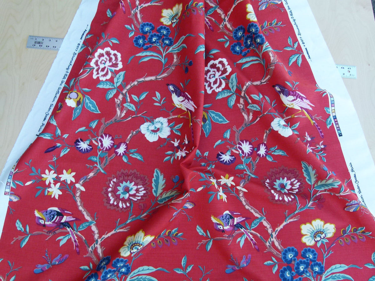 Bty Brunschwig & Fils Amandine Red Chinioserie Bird Flower Tree of Life Print Chintz Cotton Linen