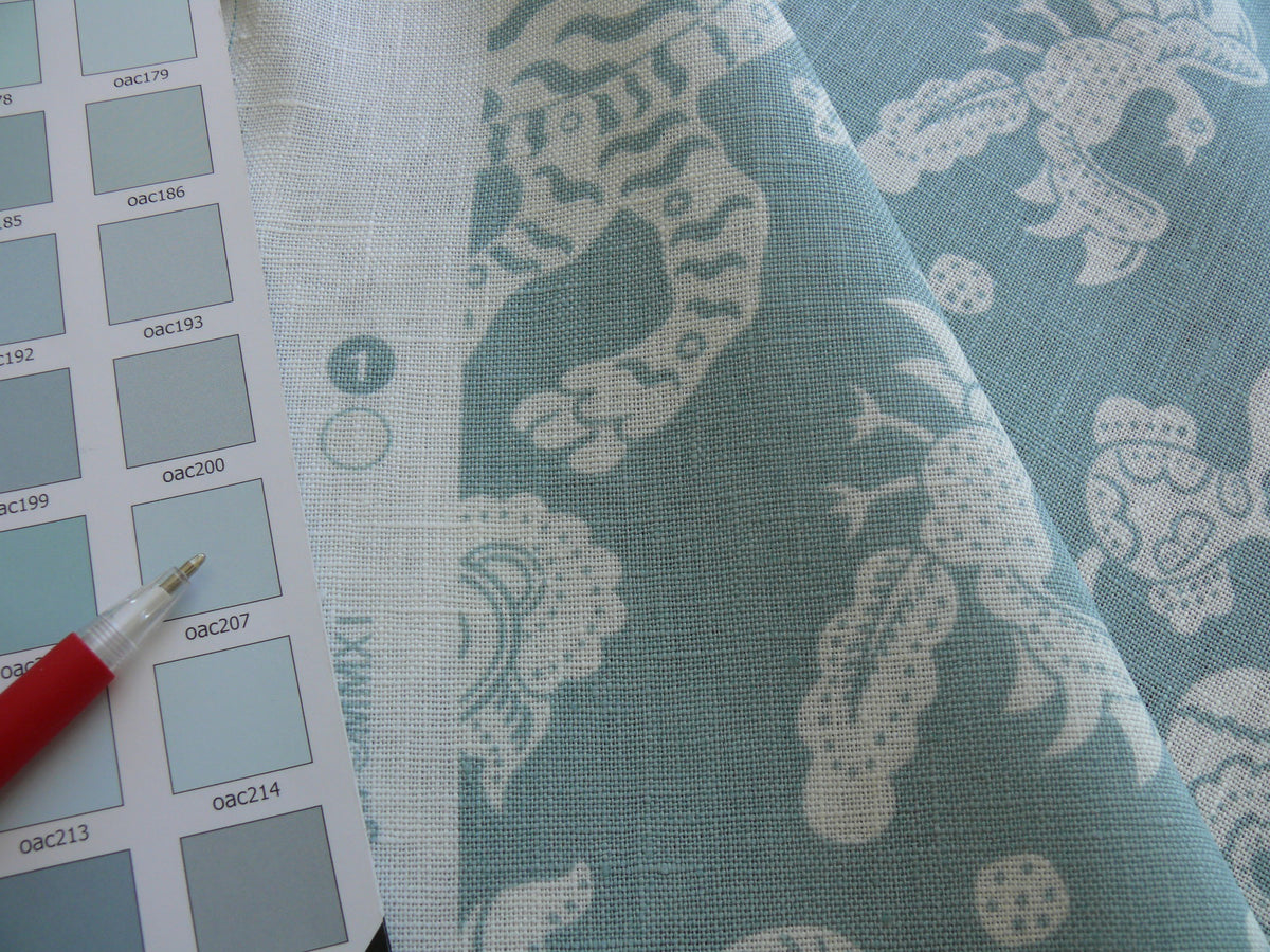Clarence House Bali Aqua Blue Robbin's Egg Mythical Animals Linen Print Asian Tiger Peacock Fish Phoenix