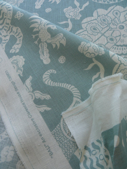 Clarence House Bali Aqua Blue Robbin's Egg Mythical Animals Linen Print Asian Tiger Peacock Fish Phoenix