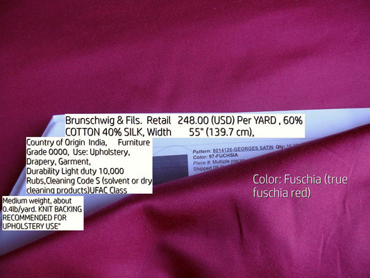 Brunschwig & Fils Georges Satin Silk "fuchsia" Pink Red MSRP USD 470/y