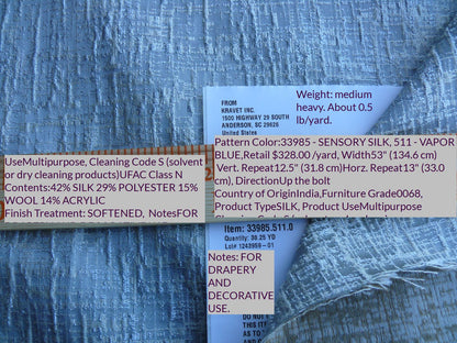 By Yard Kravet Couture Sensory Silk Wool Vapour Blue Icy Texture MSRP USD 396