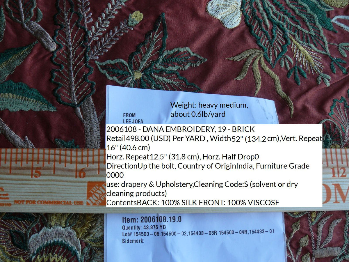 by yard Lee Jofa Dana Embroidery Brick Silk Red Flower Power Tree Of Life MSRP USD 498/y