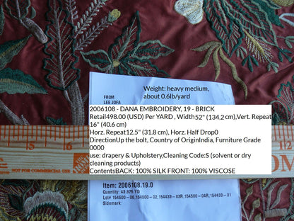 by yard Lee Jofa Dana Embroidery Brick Silk Red Flower Power Tree Of Life MSRP USD 498/y