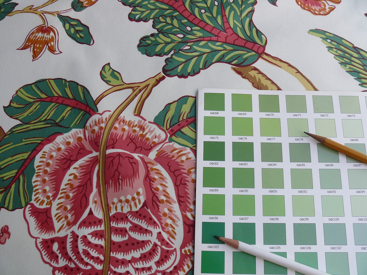 By YARD Lee Jofa Jacobean Tree of Life Large Peony Palampore Chintz orange pink green Chintz Bird of Paradise