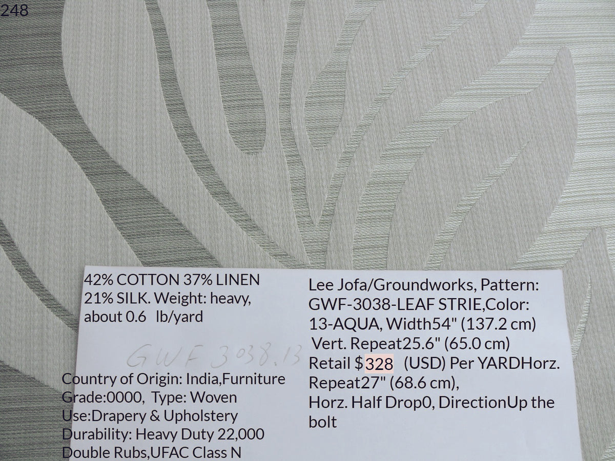 Lee Jofa Leave Strie Seafoam Green Monstera Foliage Tropical Rain Forest Silk MSRP USD 328/Y